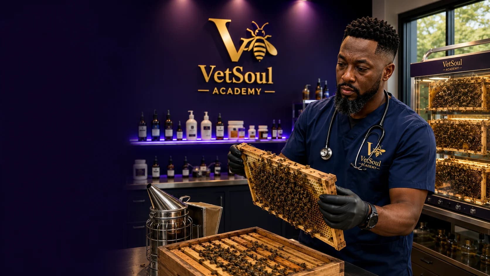 Seydi A.T. Sy inspecting a honeycomb frame covered with bees beside an open hive at VetSoul Bees Academy.