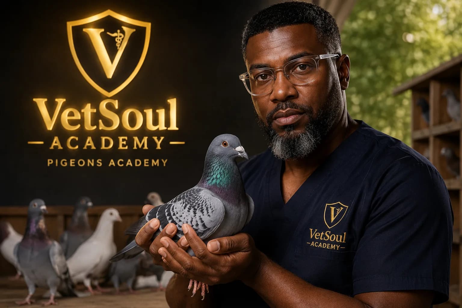 A VetSoul Academy veterinarian in navy scrubs gently holding a racing pigeon in his hands inside a loft, beside the illuminated gold VetSoul Academy wall logo with other pigeons in the background at the VetSoul Pigeons Academy.