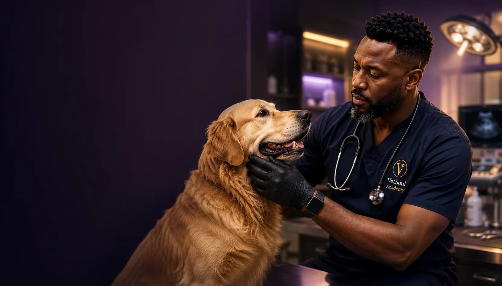 Seydi A.T. Sy, founder of VetSoul Academy, calmly examining a Golden Retriever in a modern veterinary clinic